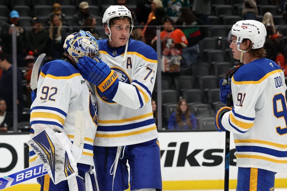 Oct 29, 2026; Anaheim, California, USA;  Buffalo Sabres center Tage Thompson (72) celebrates a win with goaltender Colten Ellis (92) after defeating the Anaheim Ducks 7-6 at Honda Center. Mandatory Credit: Kiyoshi Mio-Imagn Images