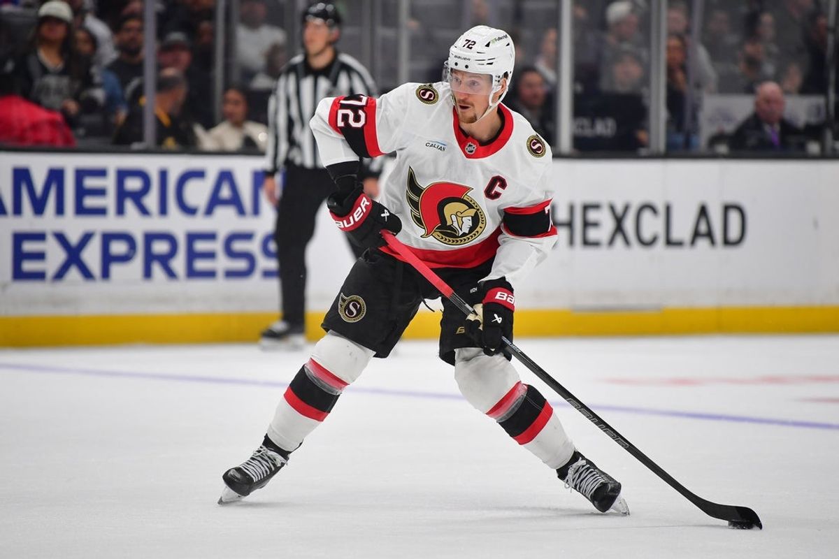 Oct 29, 2026; Los Angeles, California, USA; Ottawa Senators defenseman Thomas Chabot (72) shoots against the Los Angeles Kings during the third period at Crypto.com Arena. Mandatory Credit: Gary A. Vasquez-Imagn Images