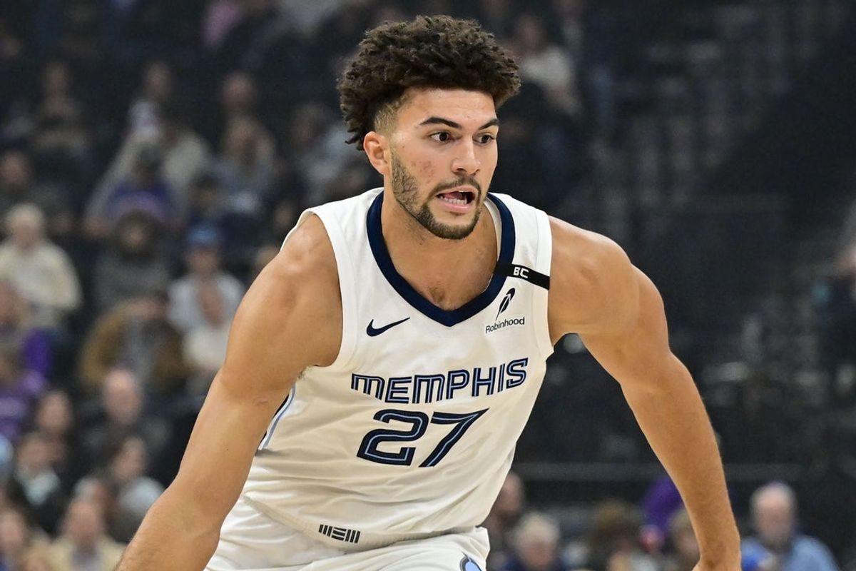 Oct 26, 2026; Salt Lake City, Utah, USA; Memphis Grizzlies forward Cameron Boozer (27) charges down court during the first half against the Utah Jazz at Delta Center. Mandatory Credit: Peter Creveling-Imagn Images