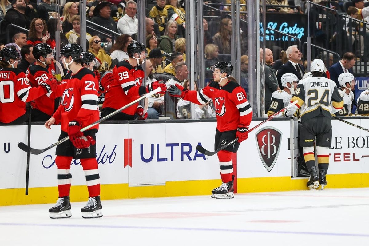 Oct 30, 2026; Las Vegas, Nevada, USA;  New Jersey Devils right wing Arseny Gritsyuk (81) celebrates after scoring a goal against the Vegas Golden Knights during the first period at T-Mobile Arena.  Mandatory Credit: Christopher Trim-Imagn Images