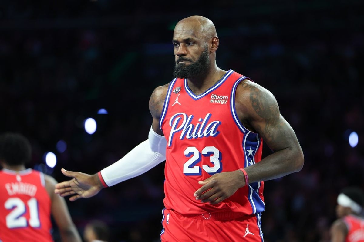 Oct 30, 2026; Philadelphia, Pennsylvania, USA; Philadelphia 76ers forward LeBron James (23) reacts after a score against the New York Knicks during the second quarter at Xfinity Mobile Arena. Mandatory Credit: Bill Streicher-Imagn Images