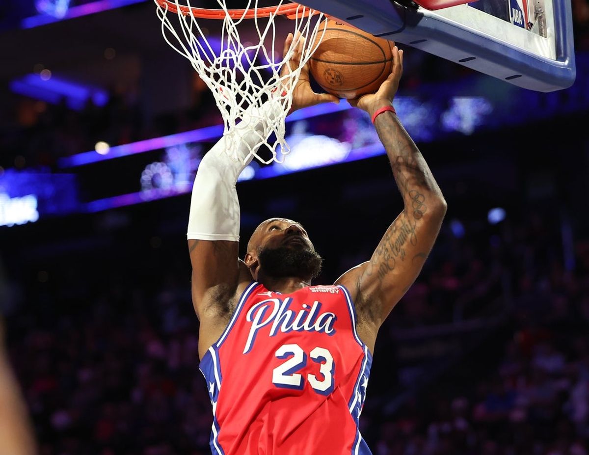 Oct 30, 2026; Philadelphia, Pennsylvania, USA; Philadelphia 76ers forward LeBron James (23) drives for a score against the New York Knicks during the fourth quarter at Xfinity Mobile Arena. Mandatory Credit: Bill Streicher-Imagn Images