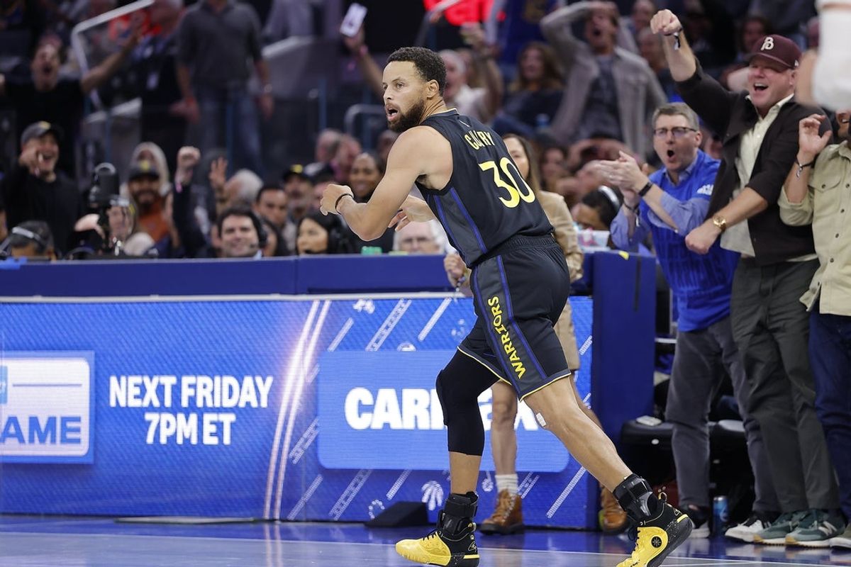 Oct 30, 2026; San Francisco, California, USA; Golden State Warriors guard Stephen Curry (30) after scoring a three point basket against the Los Angeles Lakers during the third quarter at Chase Center. Mandatory Credit: Kelley L Cox-Imagn Images