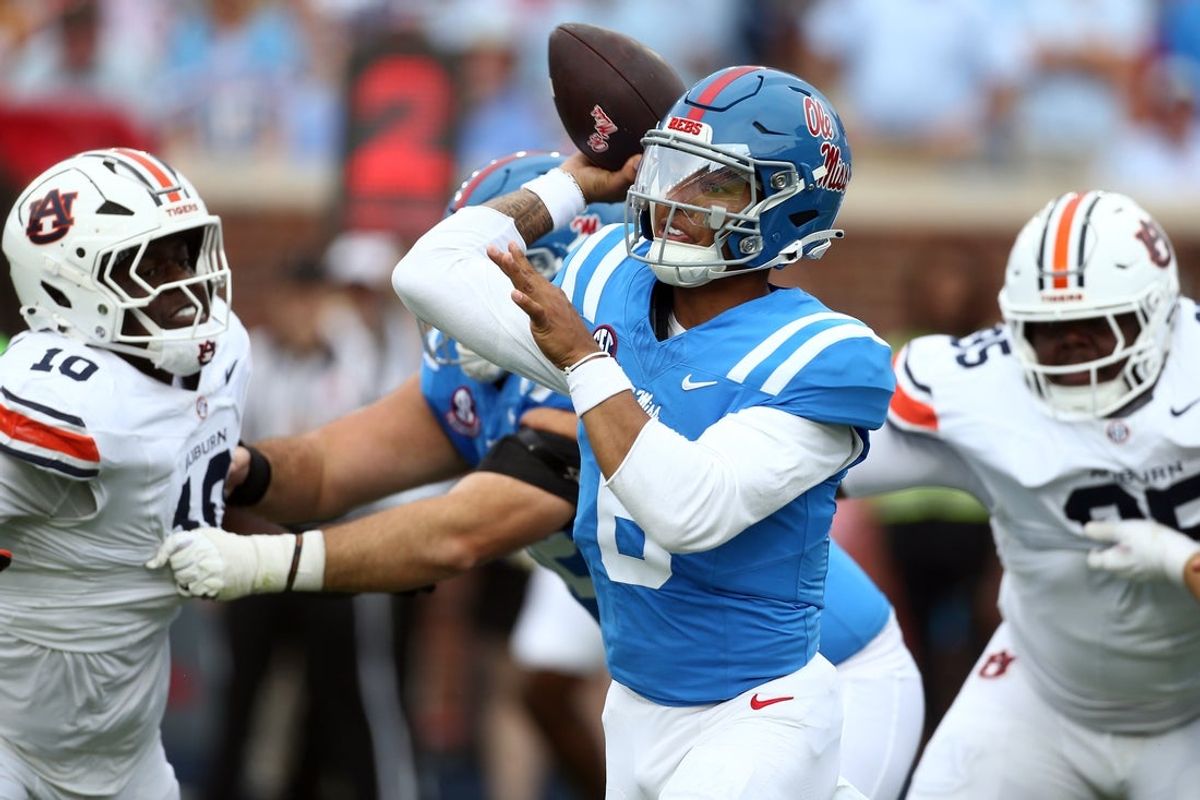 Oct 31, 2026; Oxford, Mississippi, USA;  Mississippi Rebels quarterback Trinidad Chambliss (6) passes the ball during the first quarter against the Auburn Tigers at Vaught-Hemingway Stadium.  Mandatory Credit: Petre Thomas-Imagn Images