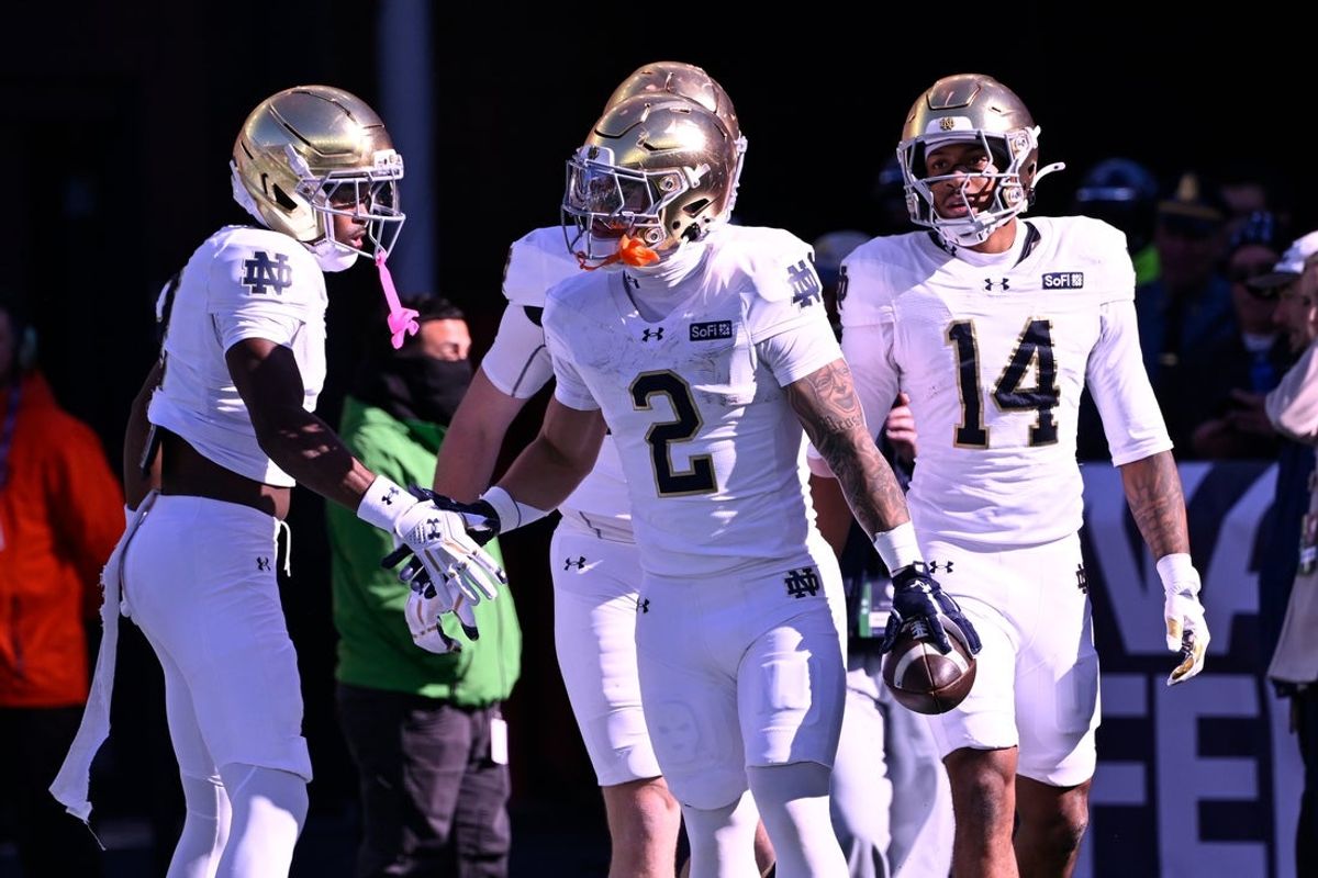Oct 31, 2026; Foxborough, MA, USA; Notre Dame Fighting Irish running back Nolan James Jr. (2) celebrates a touchdown against the Navy Midshipmen with teammates during the first half at Gillette Stadium. Mandatory Credit: Eric Canha-Imagn Images