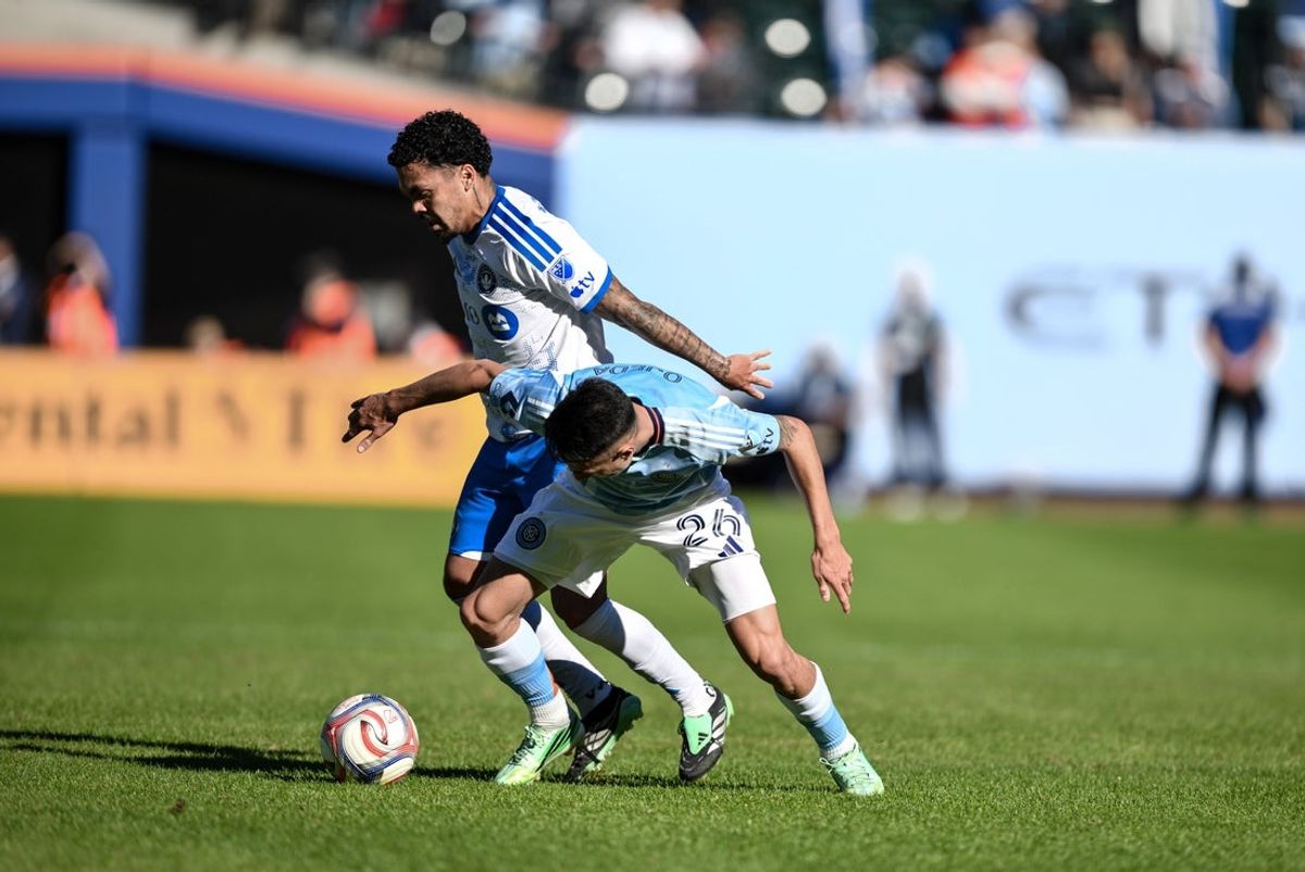 Oct 31, 2026; New York, New York, USA;  CF Montreal midfielder Dani Pereira (7) competes for the ball against New York City FC forward Agustin Ojeda (26) during the first half at Citi Field.  Mandatory Credit: John Jones-Imagn Images