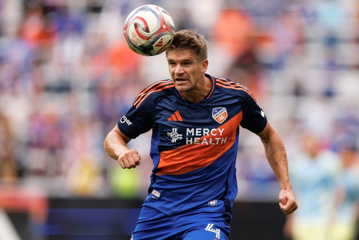 Oct 31, 2026; Cincinnati, Ohio, USA;  FC Cincinnati defender Nick Hagglund (4) controls the ball during the first half against the Philadelphia Union at TQL Stadium.  Mandatory Credit: Jordan Prather-Imagn Images