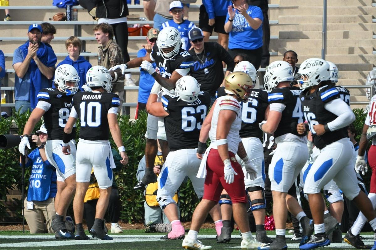 Oct 31, 2026; Durham, North Carolina, USA;  during the third quarter, Duke Blue Devils running back Nate Sheppard (20) celebrates his fourth touchdown of the game against the Boston College Eagles at Wallace Wade Stadium.  Mandatory Credit: Zachary Taft-Imagn Images