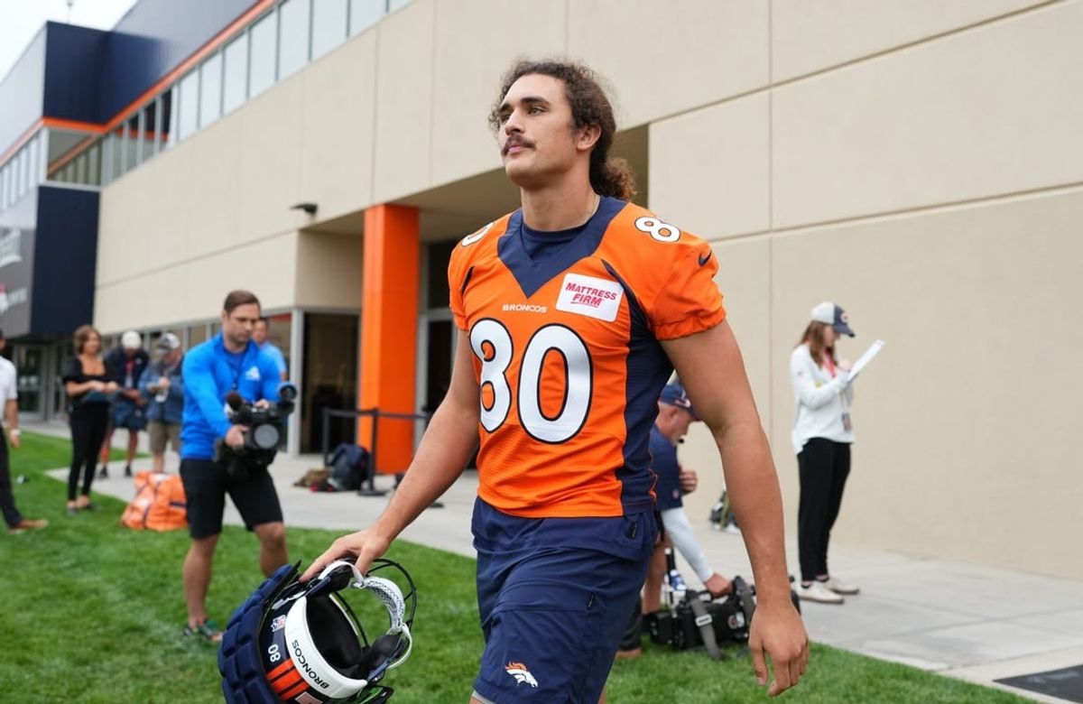 Jul 28, 2022; Englewood, CO, USA; Denver Broncos tight end Greg Dulcich (80) during training camp at the UCHealth Training Center.