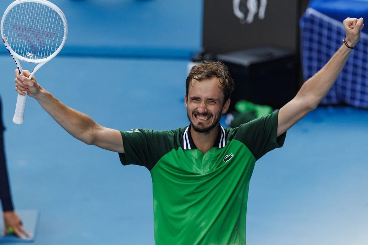 Jan 24, 2024; Melbourne, Victoria, Australia;  Daniil Medvedev of Russia celebrates his victory over Hubert Hurkacz of Poland in the quarter final of the men   s singles at the Australian Open.