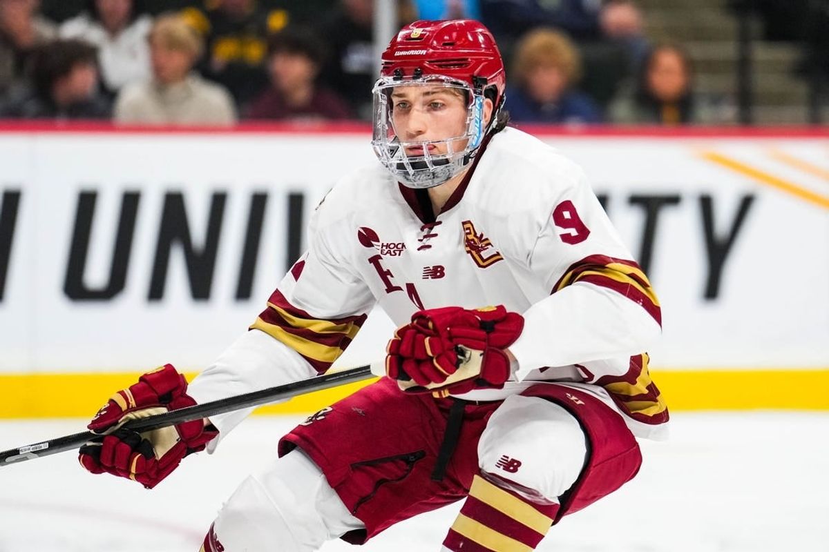 Apr 11, 2024; Saint Paul, Minnesota, USA; Boston College Eagles forward Ryan Leonard (9) looks on in the semifinals of the 2024 Frozen Four college ice hockey tournament against the Michigan Wolverines at Xcel Energy Center.