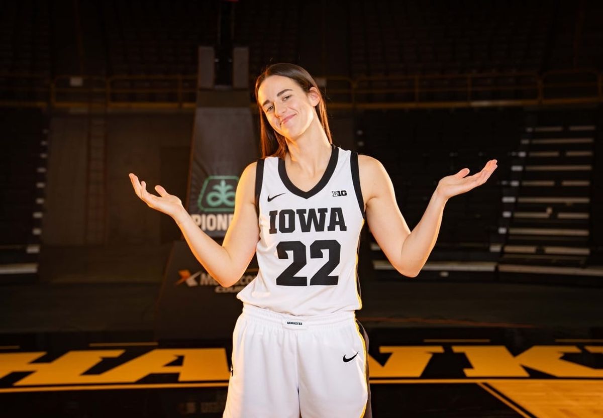 Caitlin Clark stands for a photo during Iowa Women's Basketball Media Day at Carver Hawkeye Arena, Wednesday, Oct. 4, 2023.