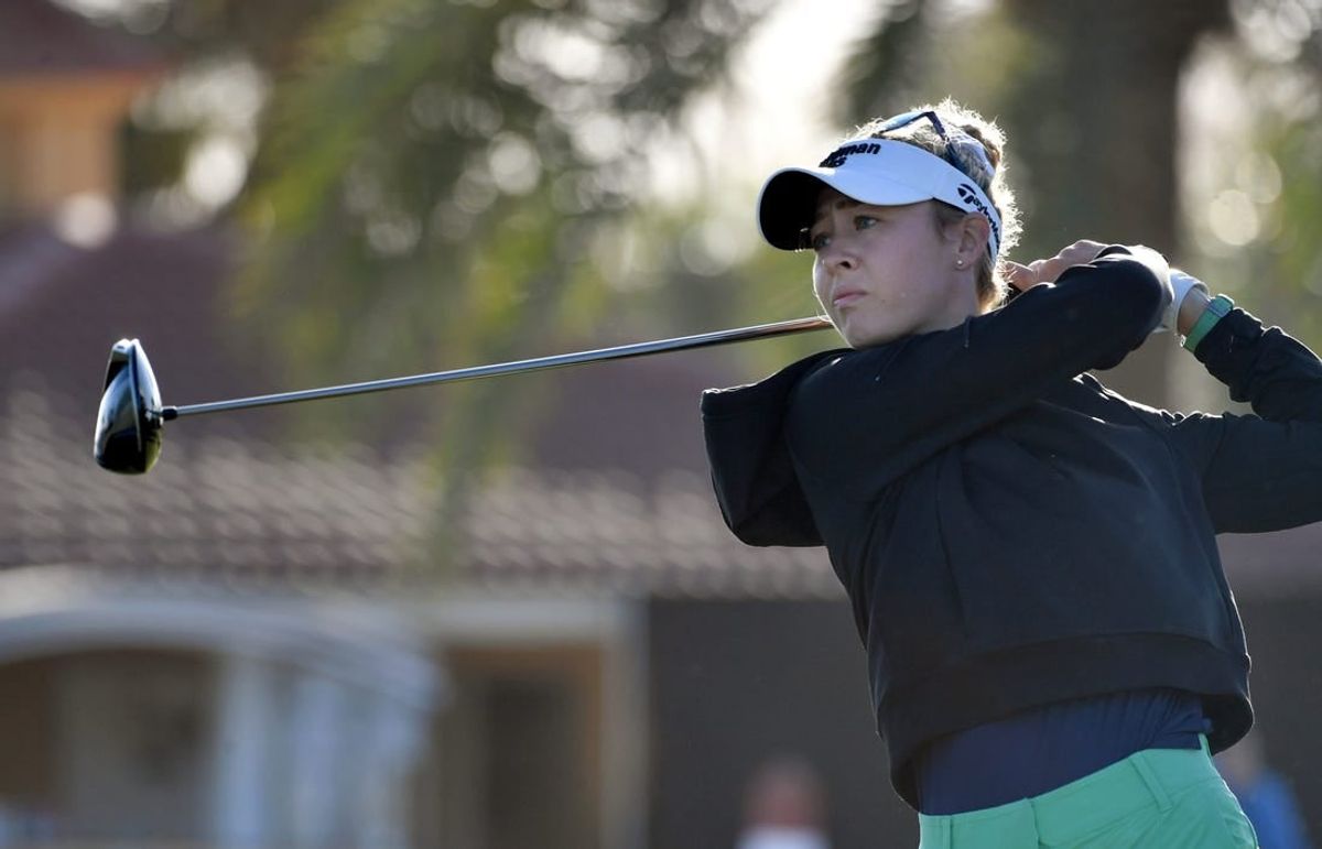 Nelly Korda, from Bradenton, Florida, hits her tee shot on the third hole Thursday, Jan. 25, 2024 at the LPGA Drive On Championship at the Bradenton Country Club in Bradenton, Florida.