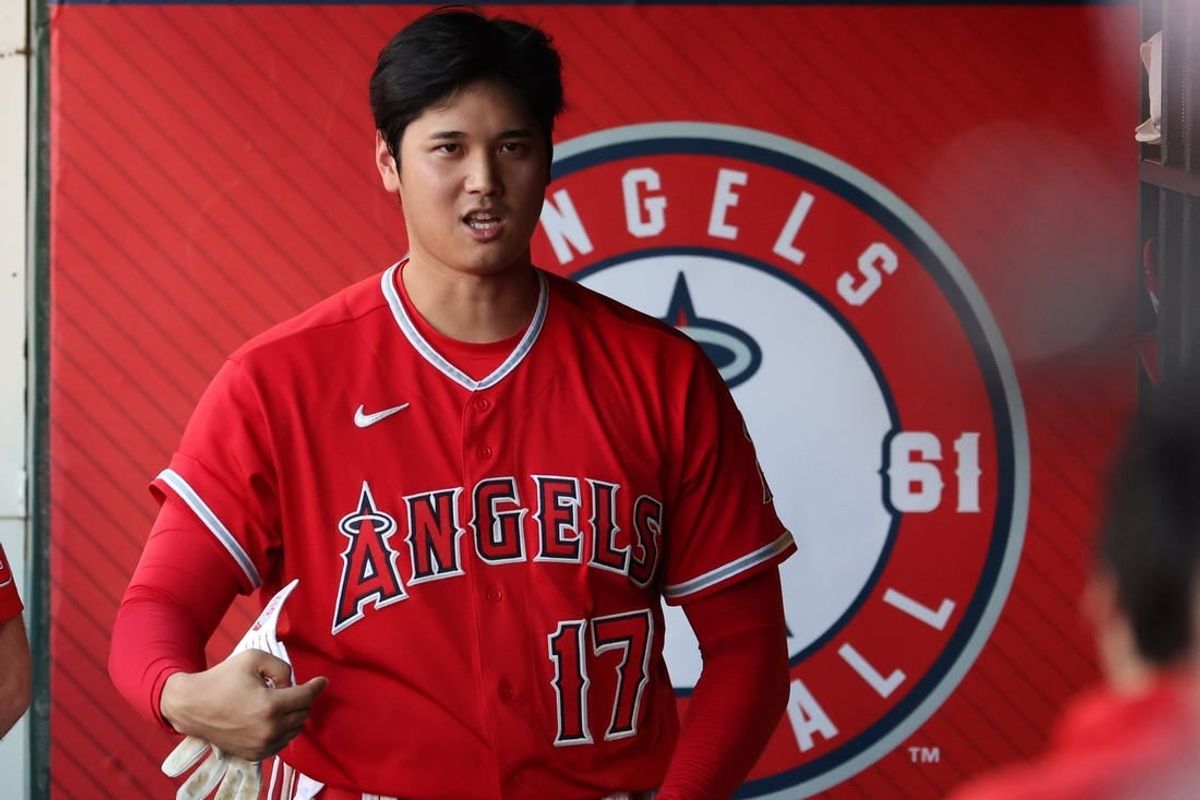 Aug 22, 2023; Anaheim, California, USA;  Los Angeles Angels designated hitter Shohei Ohtani (17) in the dugout during the MLB game against the Cincinnati Reds at Angel Stadium.