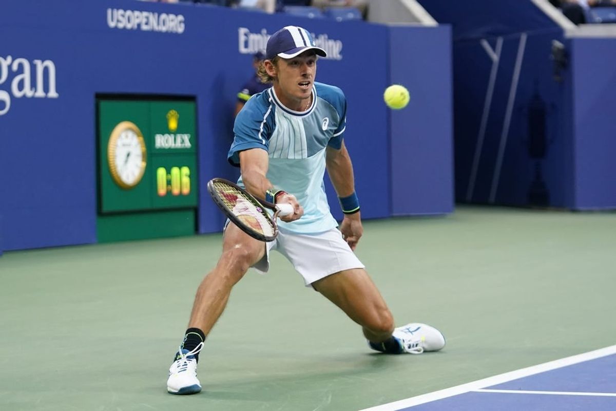 Sep 4, 2023; Flushing, NY, USA; Alex de Minaur of Australia hits to Daniil Medvedev on day eight of the 2023 U.S. Open tennis tournament at USTA Billie Jean King National Tennis Center.