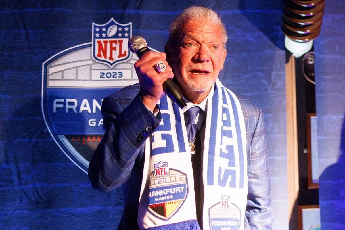Nov 10, 2023; Frankfurt, Germany; Indianapolis Colts owner Jim Irsay speaks during a fan event at Chicago Meatpackers before an International Series game against the New England Patriots.