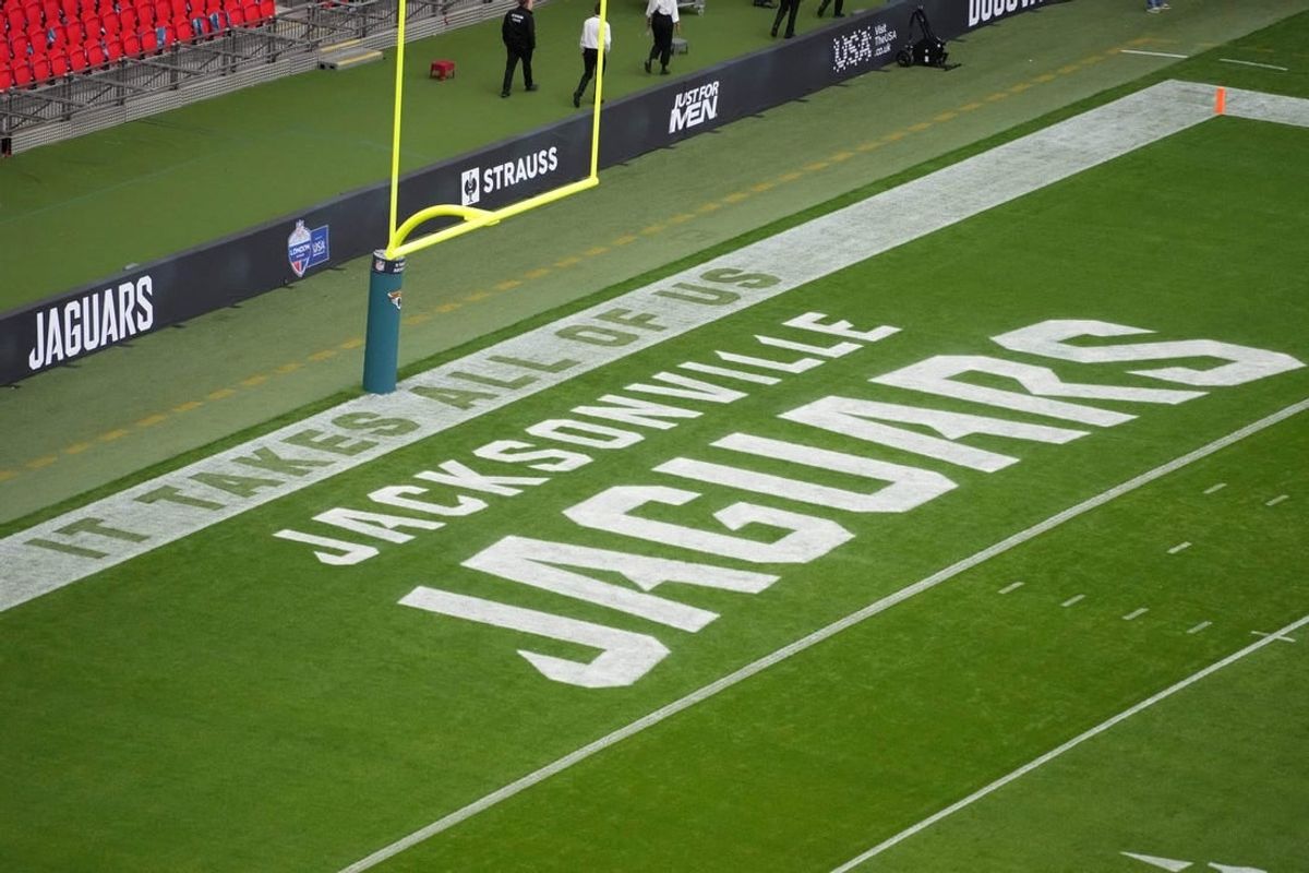 Oct 1, 2023; London, United Kingdom;The Jacksonville Jaguars logo in the end zone during an NFL International Series game at Wembley Stadium.