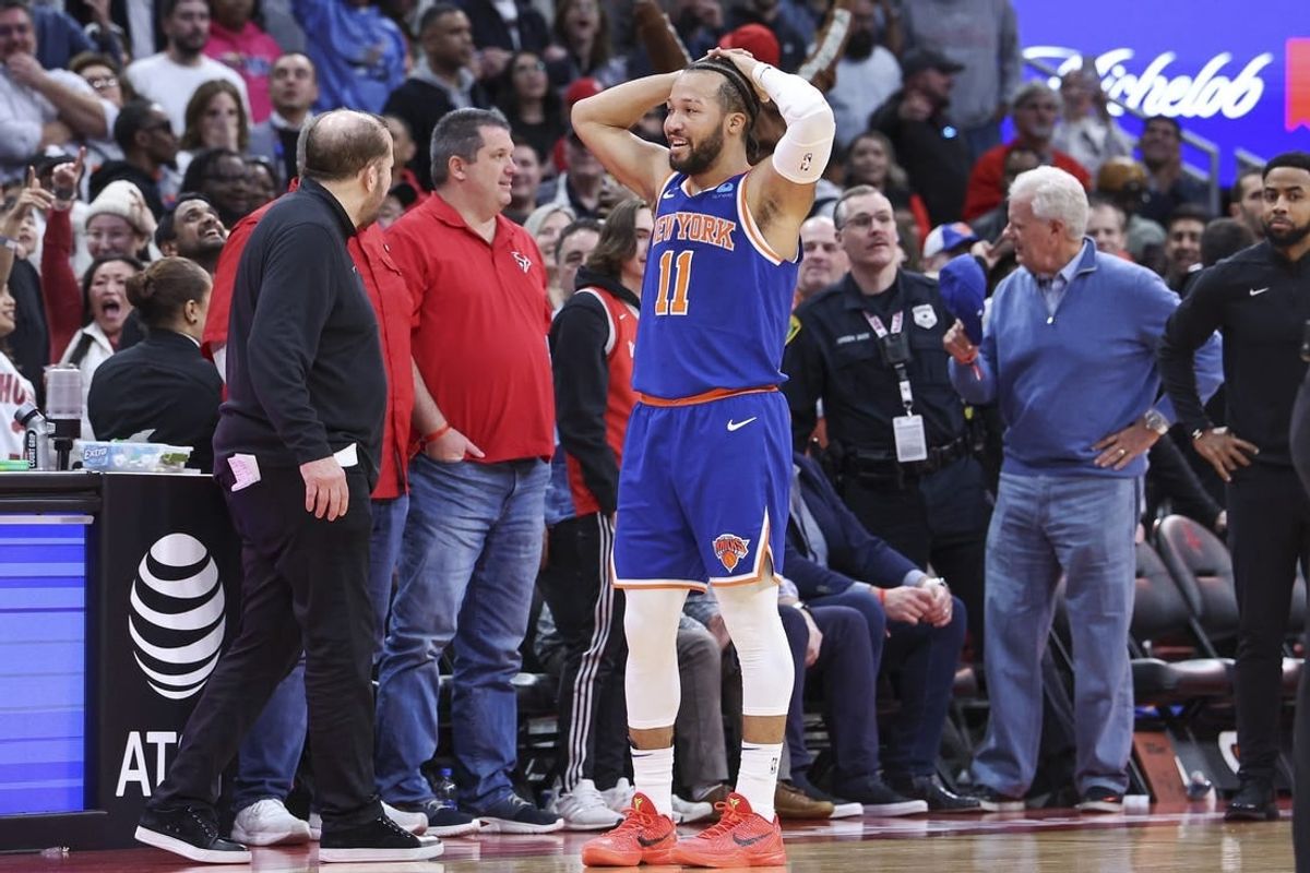 Feb 12, 2024; Houston, Texas, USA; New York Knicks guard Jalen Brunson (11) reacts after a call during the fourth quarter against the Houston Rockets at Toyota Center.