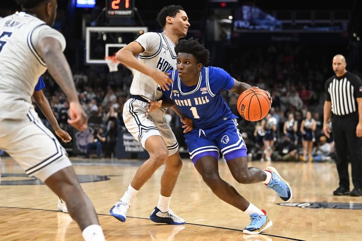 Jan 9, 2024; Washington, District of Columbia, USA; Seton Hall Pirates guard Kadary Richmond (1) dribbles as Georgetown Hoyas guard Wayne Bristol Jr. (31) defends during the first half at Capital One Arena.