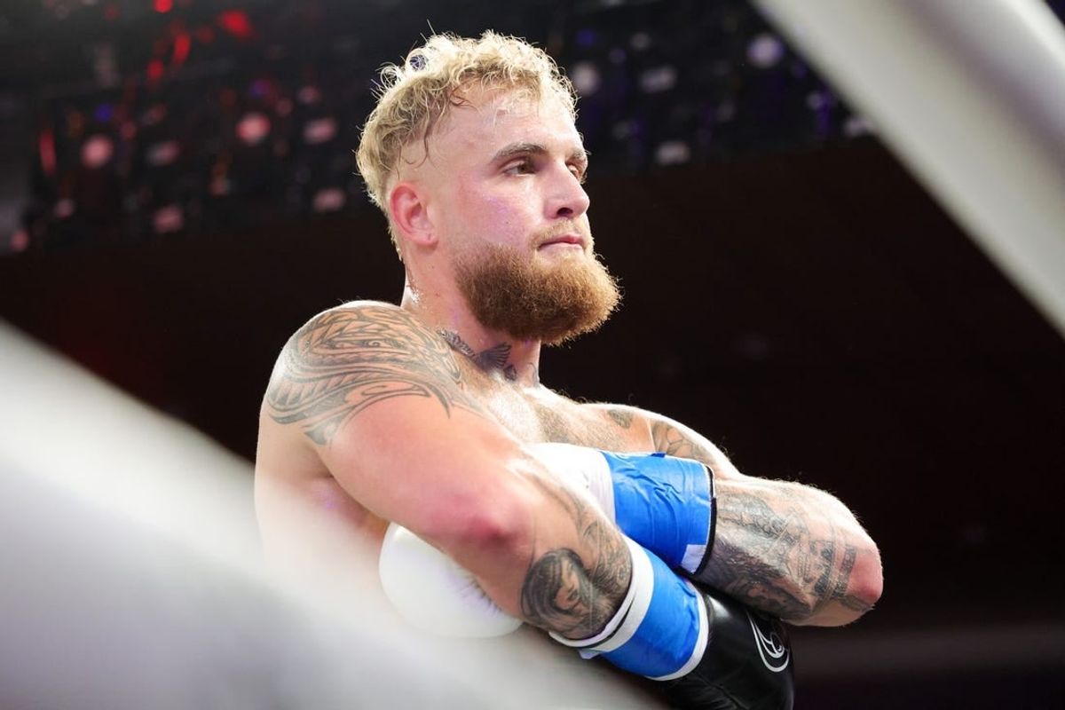 Dec 15, 2023; Orlando, Florida, USA;  Jake Paul reacts after knocking out Andre August in the first round at Caribe Royale Orlando.