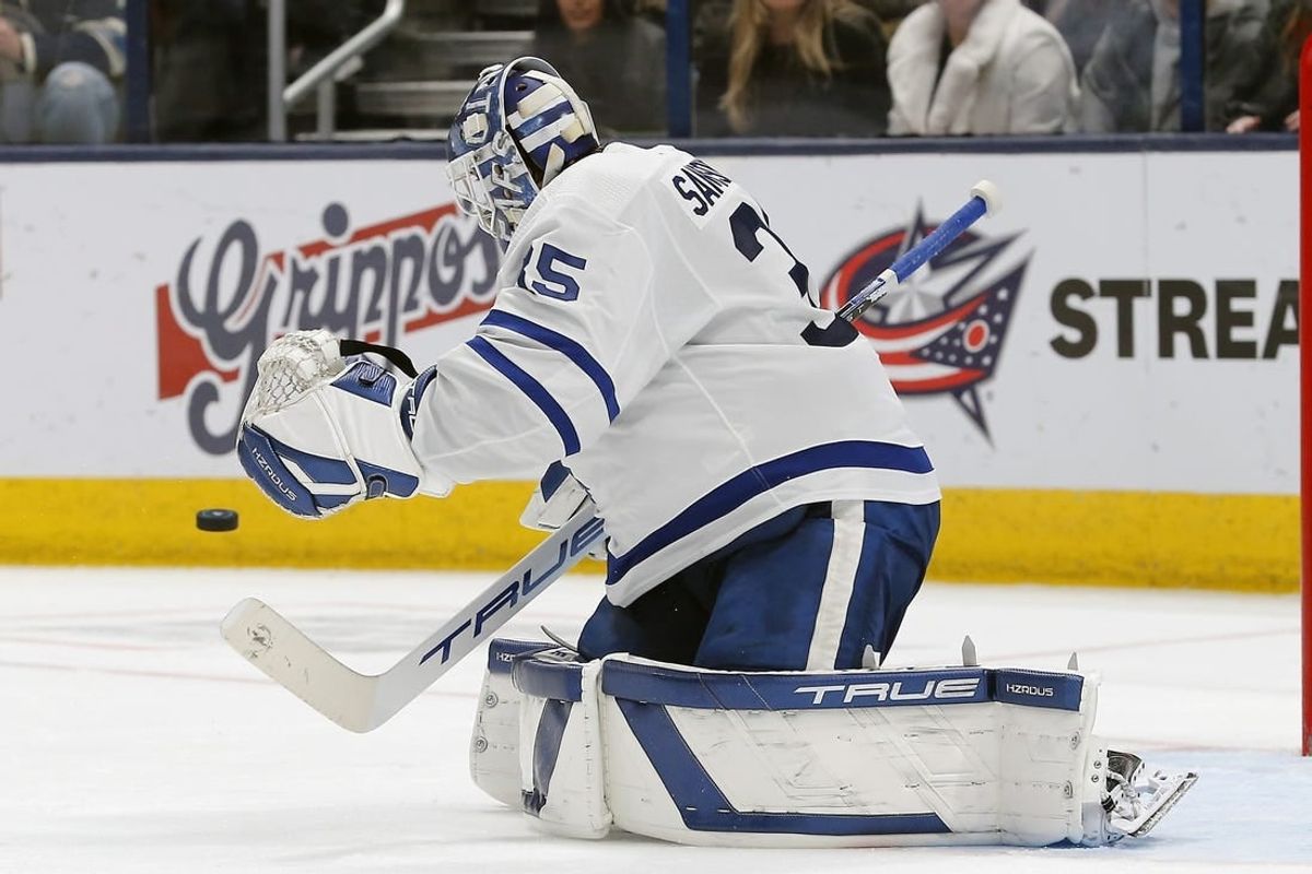 Dec 29, 2023; Columbus, Ohio, USA; Toronto Maple Leafs goalie Ilya Samsonov (35) makes a save against the Columbus Blue Jackets during the third period at Nationwide Arena.