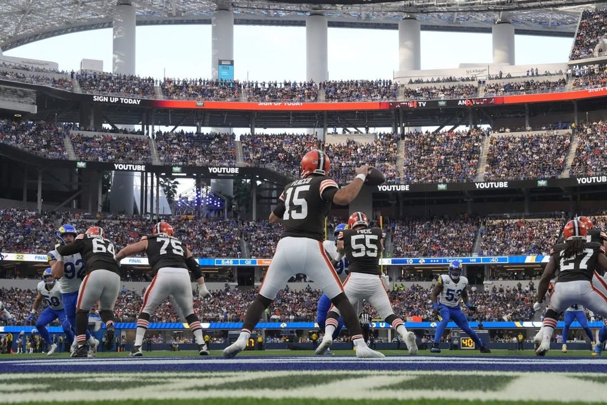 Dec 3, 2023; Inglewood, California, USA; A general overall view as Cleveland Browns quarterback Joe Flacco (15) throws the ball against the Los Angeles Rams in the second half at SoFi Stadium.