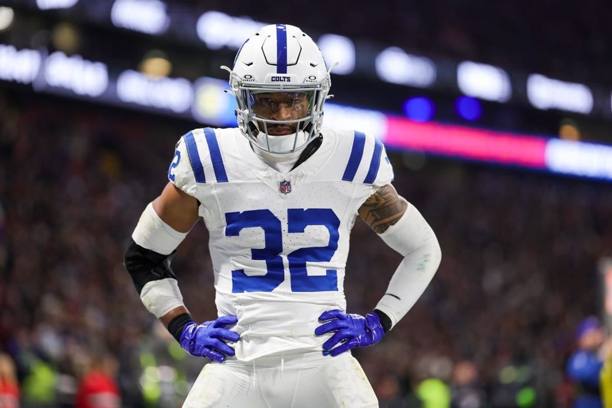 Nov 12, 2023; Frankfurt, Germany;  Indianapolis Colts safety Julian Blackmon (32) reacts after a play against the New England Patriots in the fourth quarter during an International Series game at Deutsche Bank Park.