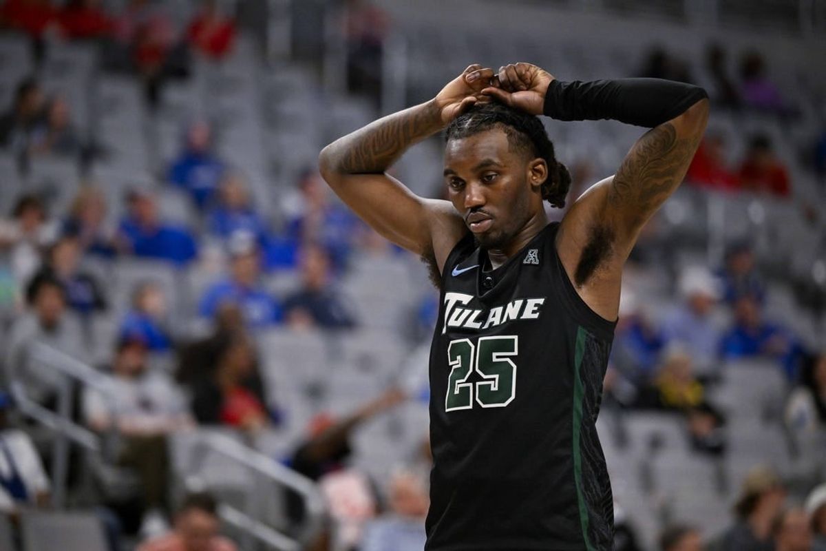 Mar 11, 2023; Fort Worth, TX, USA; Tulane Green Wave guard Jaylen Forbes (25) waits for play to resume against the Memphis Tigers during the second half at Dickies Arena.