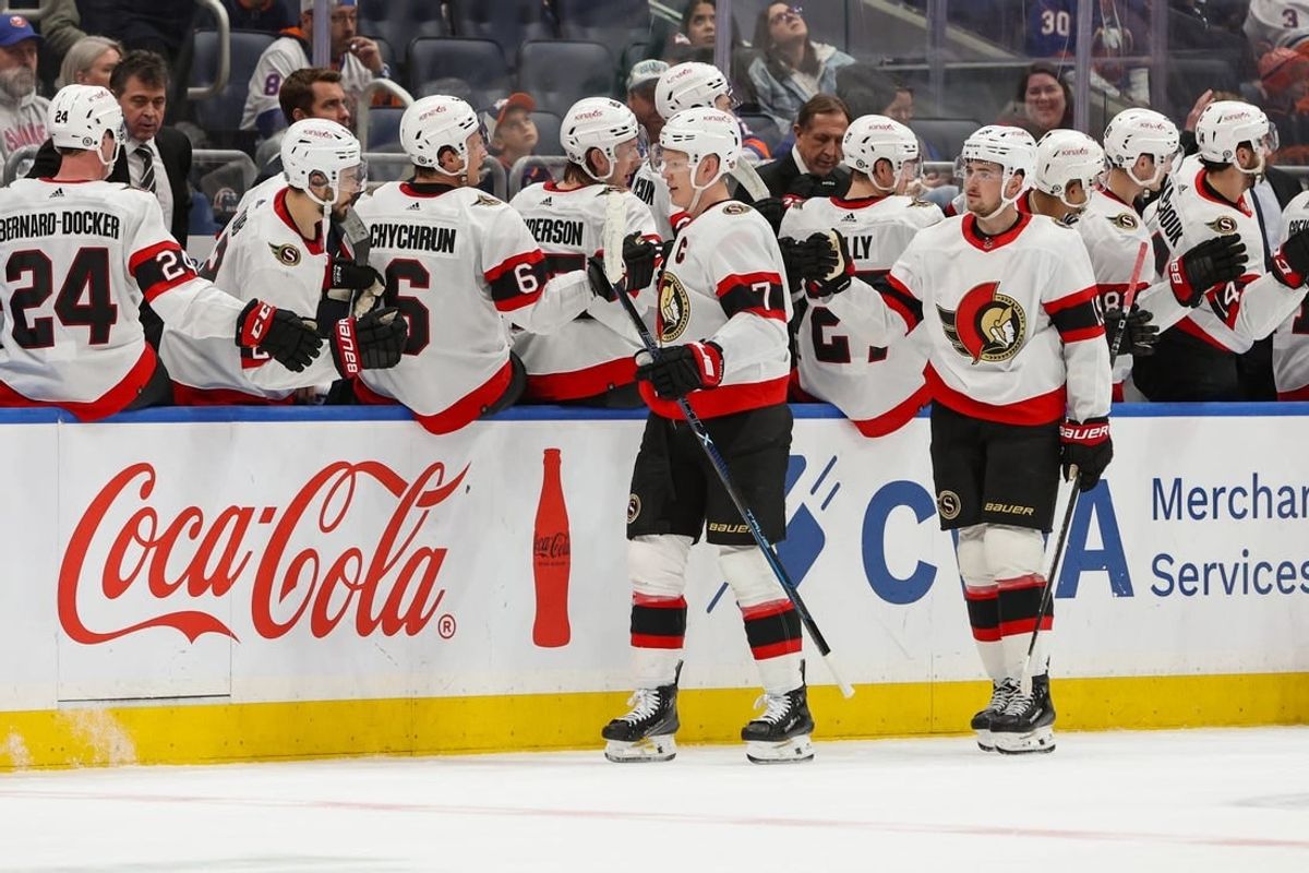 Mar 16, 2024; Elmont, New York, USA;  Ottawa Senators left wing Brady Tkachuk (7) celebrates his goal against the New York Islanders during the second period at UBS Arena.