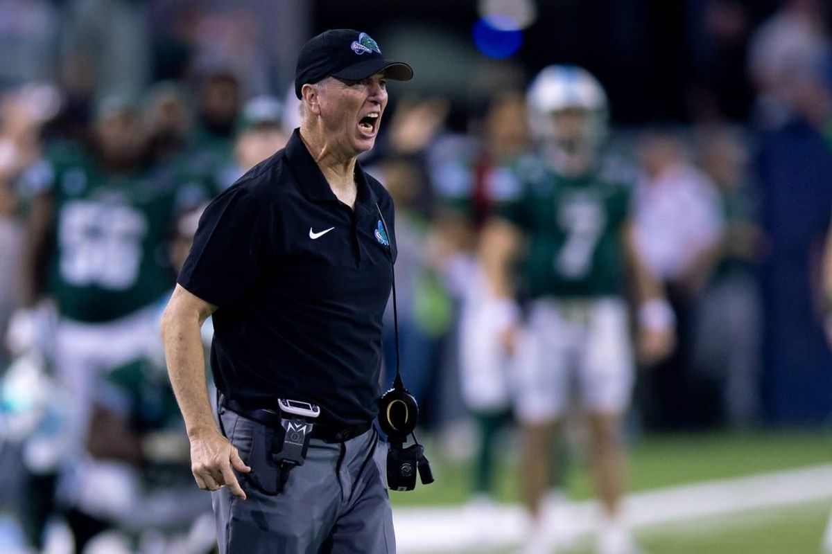 Dec 2, 2023; New Orleans, LA, USA; Tulane Green Wave head coach Willie Fritz reacts to a pass interference call on Tulane Green Wave against the Southern Methodist Mustangs during the second half at Yulman Stadium.