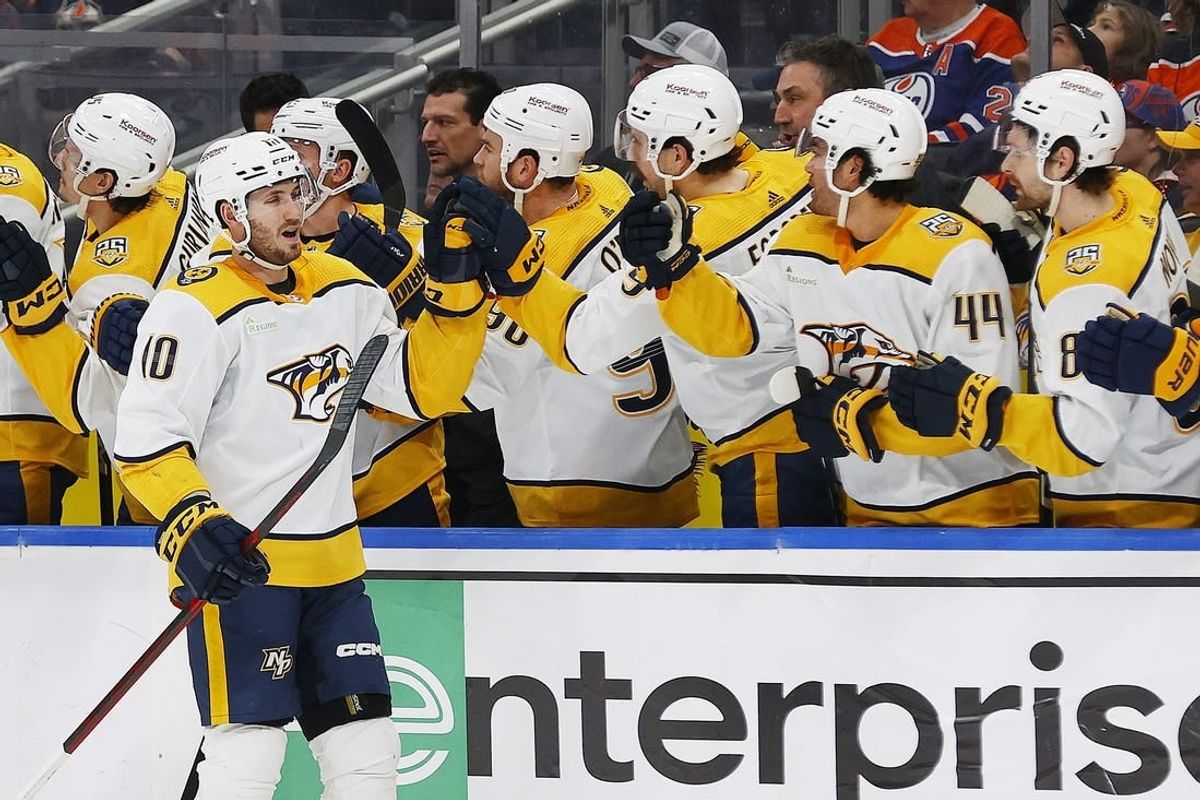 Jan 27, 2024; Edmonton, Alberta, CAN; The Nashville Predators celebrate a goal scored by forward Colton Sissons (10) during the third period against the Edmonton Oilers at Rogers Place.
