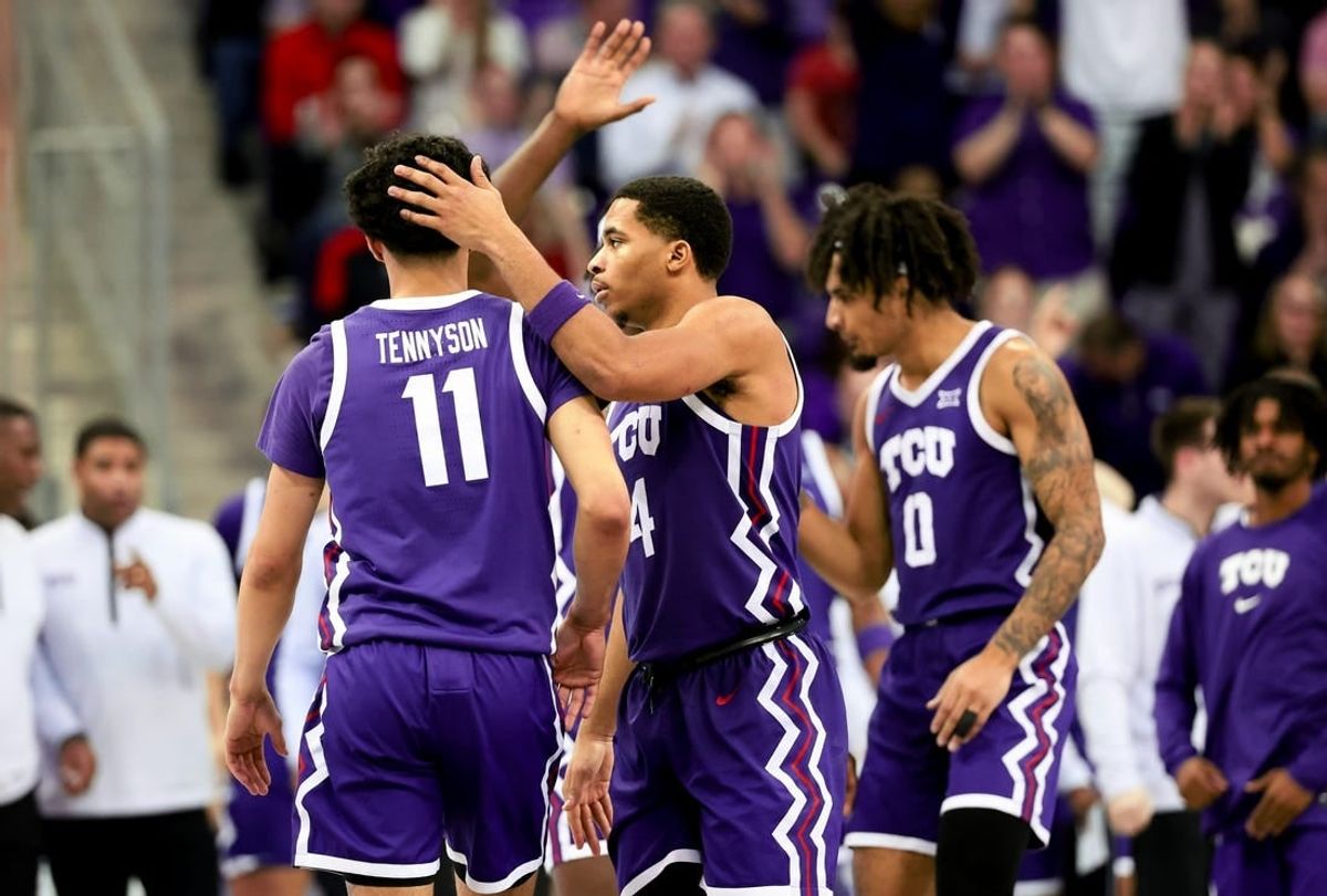 Jan 30, 2024; Fort Worth, Texas, USA;  TCU Horned Frogs guard Trevian Tennyson (11) celebrates with TCU Horned Frogs guard Jameer Nelson Jr. (4) and TCU Horned Frogs guard Micah Peavy (0) during the second half against the Texas Tech Red Raiders at Ed and Rae Schollmaier Arena.