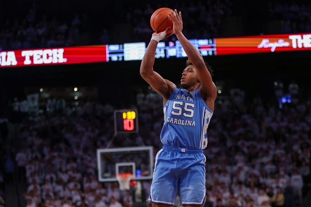 Jan 30, 2024; Atlanta, Georgia, USA; North Carolina Tar Heels forward Harrison Ingram (55) shoots against the Georgia Tech Yellow Jackets in the first half at McCamish Pavilion.