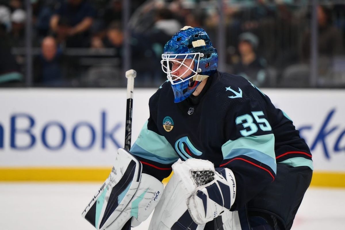 Dec 12, 2023; Seattle, Washington, USA; Seattle Kraken goaltender Joey Daccord (35) defends the goal during the third period against the Florida Panthers at Climate Pledge Arena.