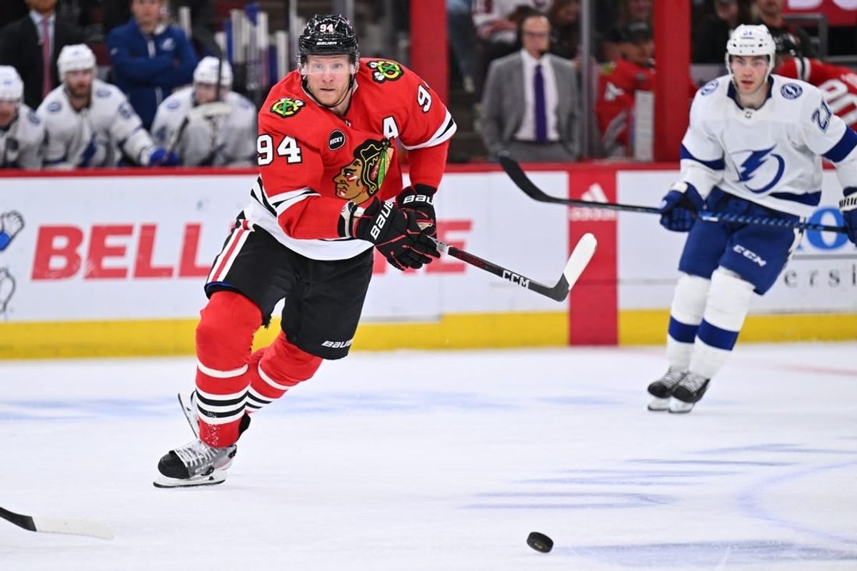 Nov 16, 2023; Chicago, Illinois, USA; Chicago Blackhawks forward Corey Perry (94) chases after a loose puck in the third period against the Tampa Bay Lightning at United Center.
