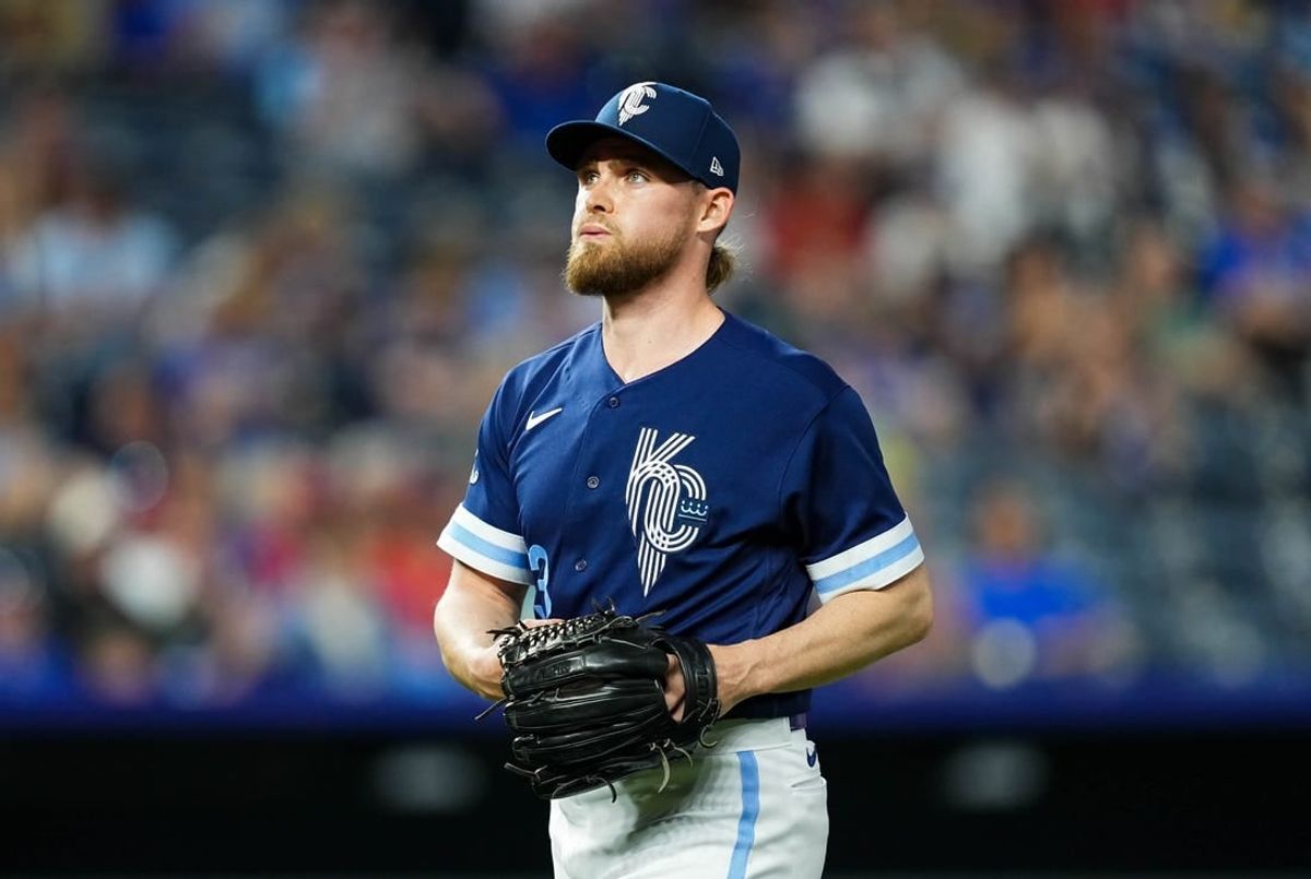 May 26, 2023; Kansas City, Missouri, USA; Kansas City Royals relief pitcher Josh Staumont (63) reacts as he leaves the field during the sixth inning against the Washington Nationals at Kauffman Stadium.