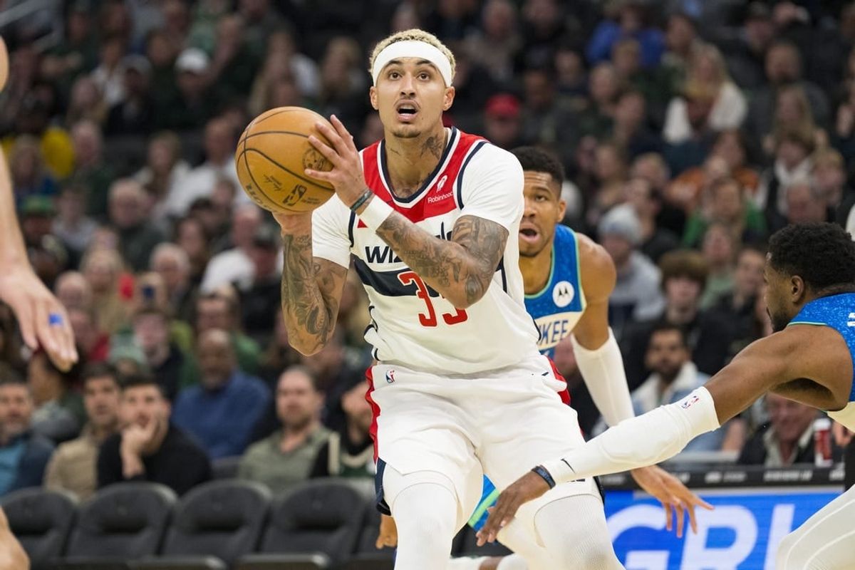 Nov 24, 2023; Milwaukee, Wisconsin, USA;  Washington Wizards forward Kyle Kuzma (33) looks to shoot during the first quarter against the Milwaukee Bucks at Fiserv Forum.