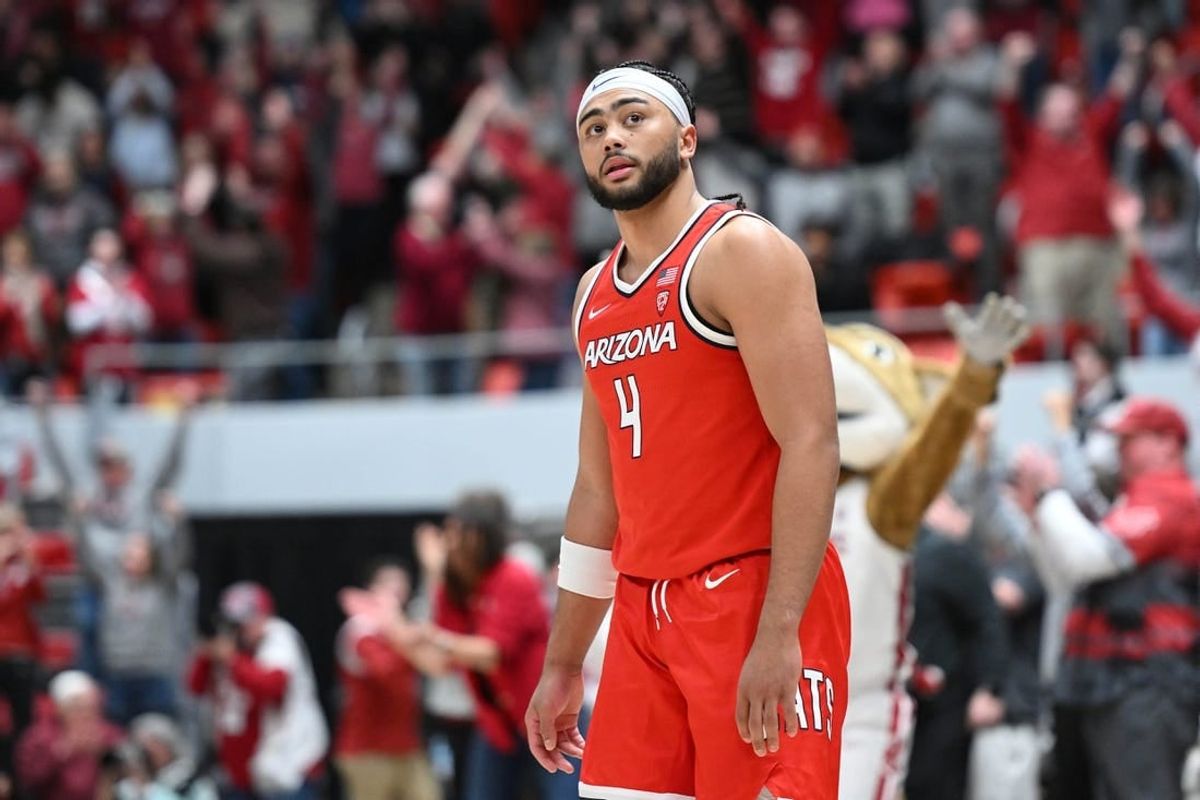 Jan 13, 2024; Pullman, Washington, USA; Arizona Wildcats guard Kylan Boswell (4) looks up at the score board after a game against the Washington State Cougars at Friel Court at Beasley Coliseum. Washington State won 73-70.