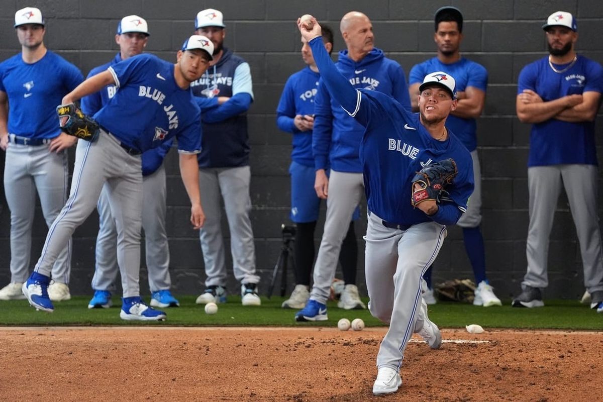 Feb 18, 2024; Dunedin, FL, USA;  Toronto Blue Jays pitcher Yariel Rodriguez (29) throws a pitch during Spring Training practice at the Blue Jays Player Development Complex.