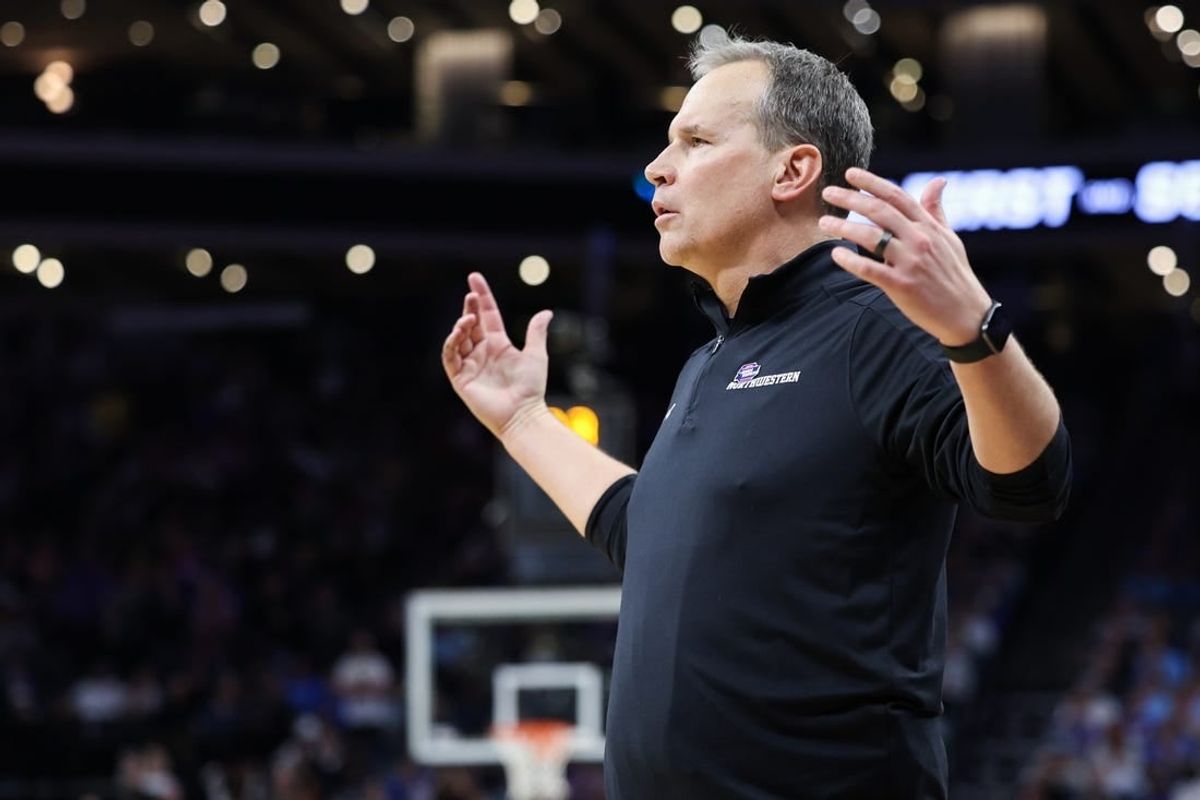 Mar 18, 2023; Sacramento, CA, USA; Northwestern Wildcats head coach Chris Collins reacts during the second half against the UCLA Bruins at Golden 1 Center.