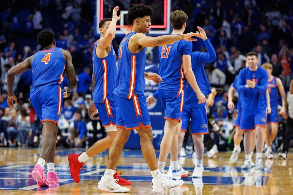 Jan 31, 2024; Lexington, Kentucky, USA; Florida Gators guard Zyon Pullin (0) walks off the court after the game against the Kentucky Wildcats at Rupp Arena at Central Bank Center.