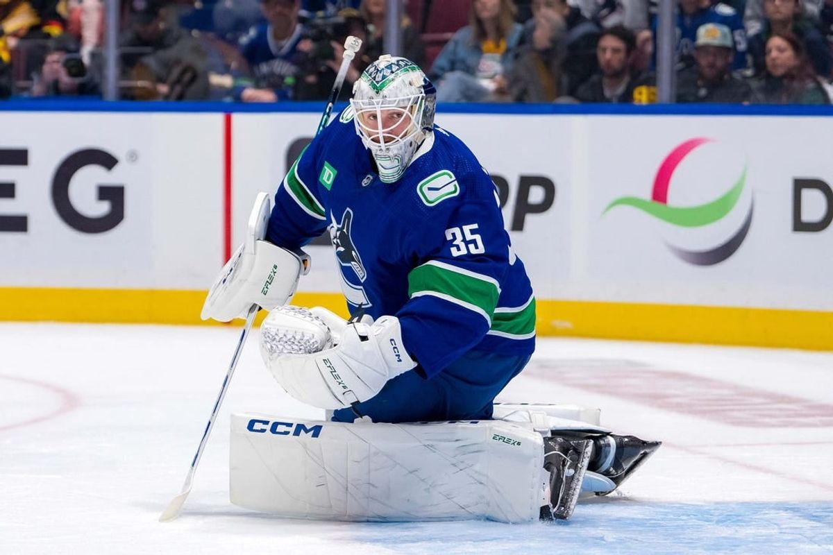 Apr 21, 2024; Vancouver, British Columbia, CAN; Vancouver Canucks goalie Thatcher Demko (35) watches the rebound against the Nashville Predators in game one of the first round of the 2024 Stanley Cup Playoffs at Rogers Arena.