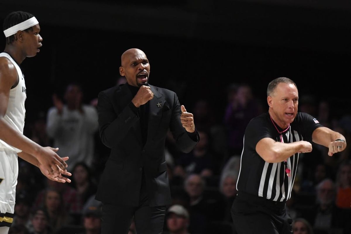 Jan 27, 2024; Nashville, Tennessee, USA; Vanderbilt Commodores head coach Jerry Stackhouse reacts after a Tennessee Volunteers turnover during the first half at Memorial Gymnasium.