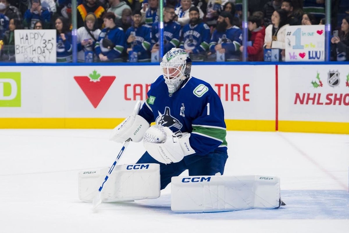 Dec 14, 2023; Vancouver, British Columbia, CAN; Vancouver Canucks goalie Thatcher Demko (35) warms up wearing Roberto Luongo   s number 1 jersey prior to an on ice presentation before a game against the Florida Panthers the Canucks celebrate and honour the career of former Vancouver goalie Roberto Luongo.  There will be a ceremony for Luongo inducting him into the Vancouver Canucks Ring of Honour at Rogers Arena.