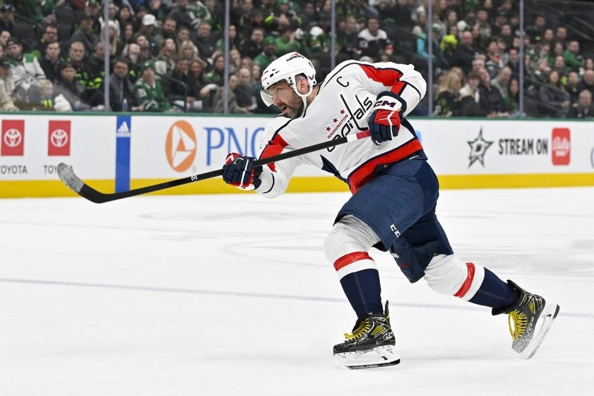Jan 27, 2024; Dallas, Texas, USA; Washington Capitals left wing Alex Ovechkin (8) in action during the game between the Dallas Stars and the Washington Capitals at the American Airlines Center.