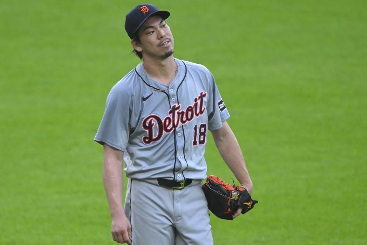 May 7, 2024; Cleveland, Ohio, USA; Detroit Tigers starting pitcher Kenta Maeda (18) reacts in the second inning against the Cleveland Guardians at Progressive Field.
