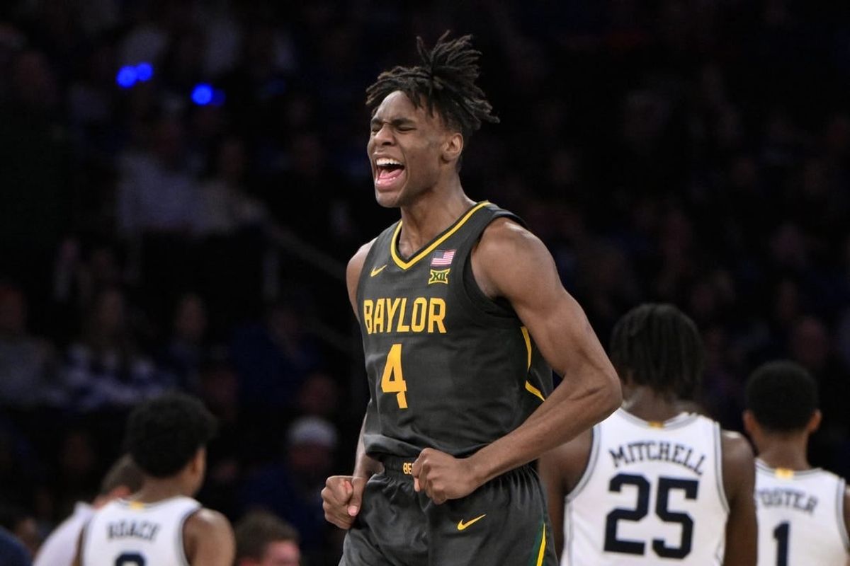 Dec 20, 2023; New York, New York, USA; Baylor Bears guard Ja'Kobe Walter (4) reacts during the second half against the Duke Blue Devils at Madison Square Garden.