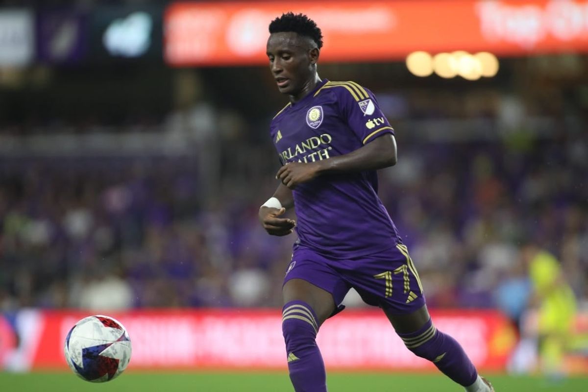 Oct 30, 2023; Orlando, Florida, USA; Orlando City forward Ivan Angulo (77) plays the ball in the second half against the Nashville SC of game one in a round one match of the 2023 MLS Cup Playoffs at Exploria Stadium.