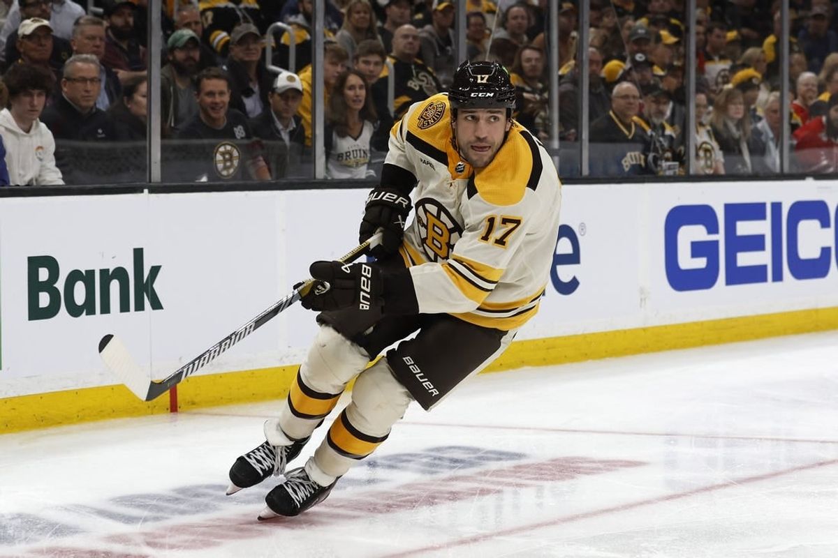 Oct 11, 2023; Boston, Massachusetts, USA; Boston Bruins left wing Milan Lucic (17) against the Chicago Blackhawks during the second period at TD Garden.