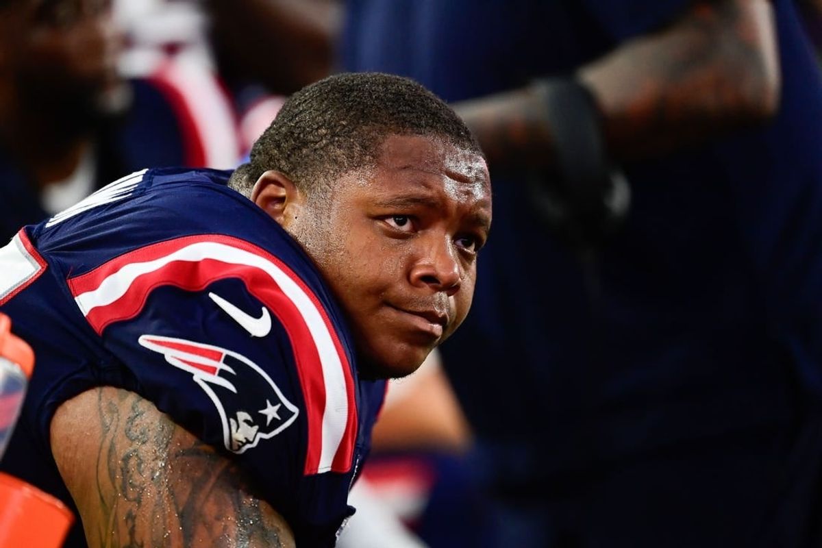 Sep 10, 2023; Foxborough, Massachusetts, USA; New England Patriots offensive tackle Trent Brown (77) sits on the bench during the second half against the Philadelphia Eagles at Gillette Stadium.